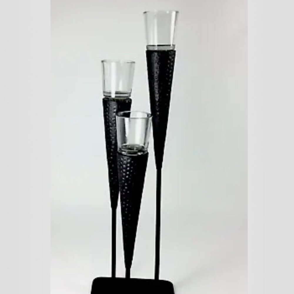 Late 20th-Century Brutalist Hammered Iron & Glass Tabletop Candelabra